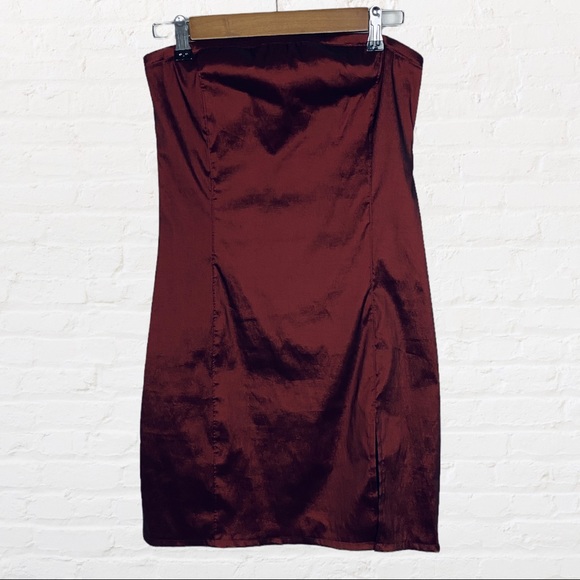 VINTAGE | 1980’s ELAN U.S.A Burgundy Bandeau Strapless Split Bodycon Mini Dress - Picture 5 of 6